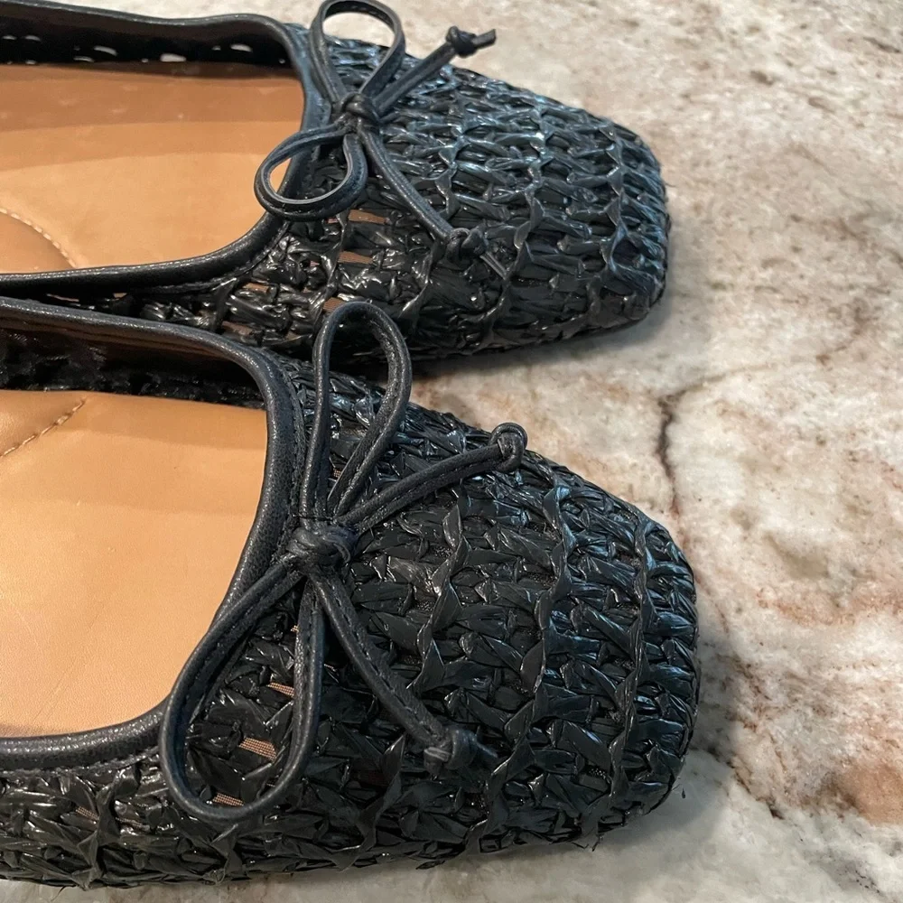 Eric Javits Black Ballet Flats Natural Parris Raffia Shoe Size 9.5